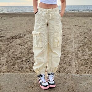 ZARA NEW WOMAN WIDE-LEG CARGO PANT beige white